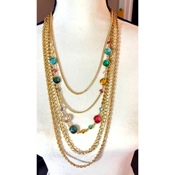 J. Crew Multistrand Gold Plated Necklace Colorful Glass Beads - Picture 1 of 4